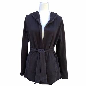 Lucky Brand Women Hooded Open Belted Cardigan Sweater Cotton Dark Blue Large